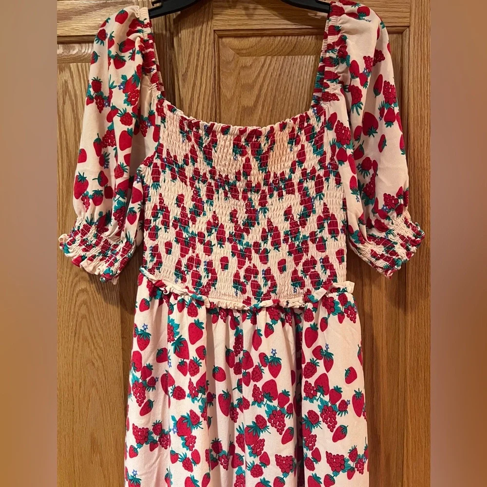 Betsey Johnson Strawberry Fields Smocked Challis Puff Sleeve Milkmaid Maxi Dress